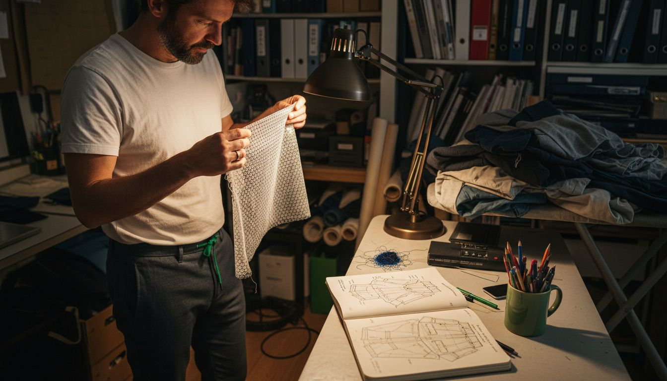 Designer inspecting technical fabric in studio