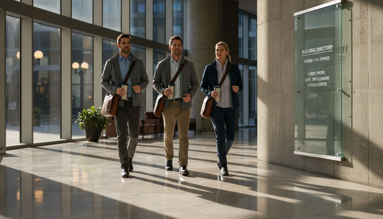 Commuters in performance wear in office lobby