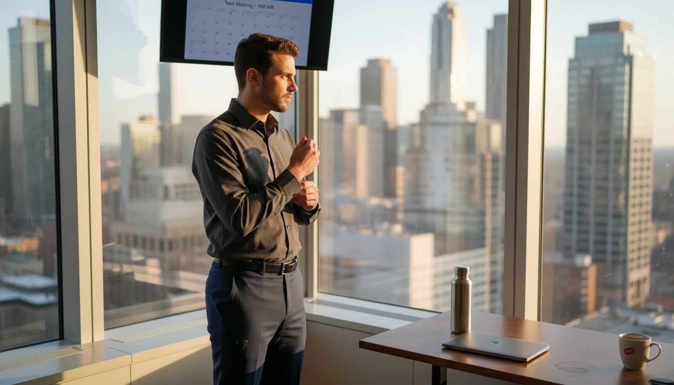 Urban professional in performance apparel office scene