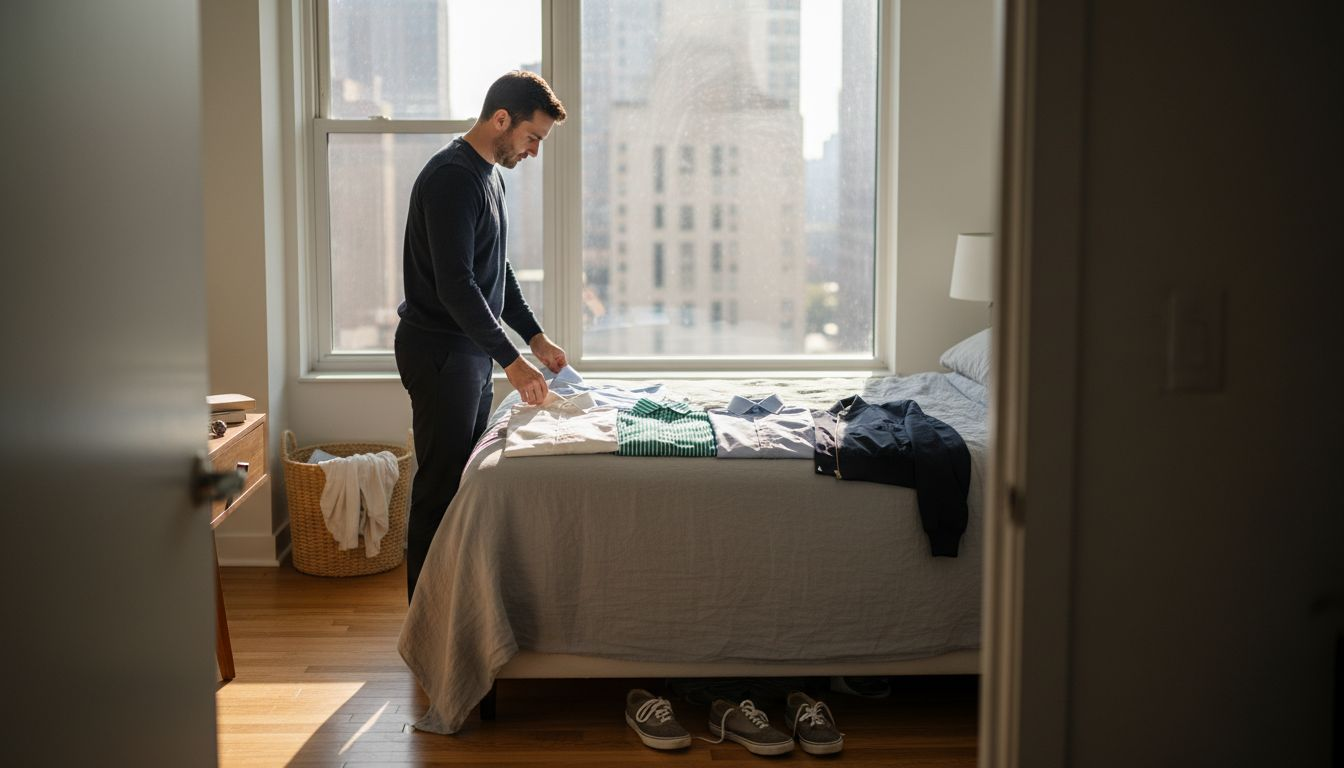 Man selecting shirts from men’s wardrobe essentials