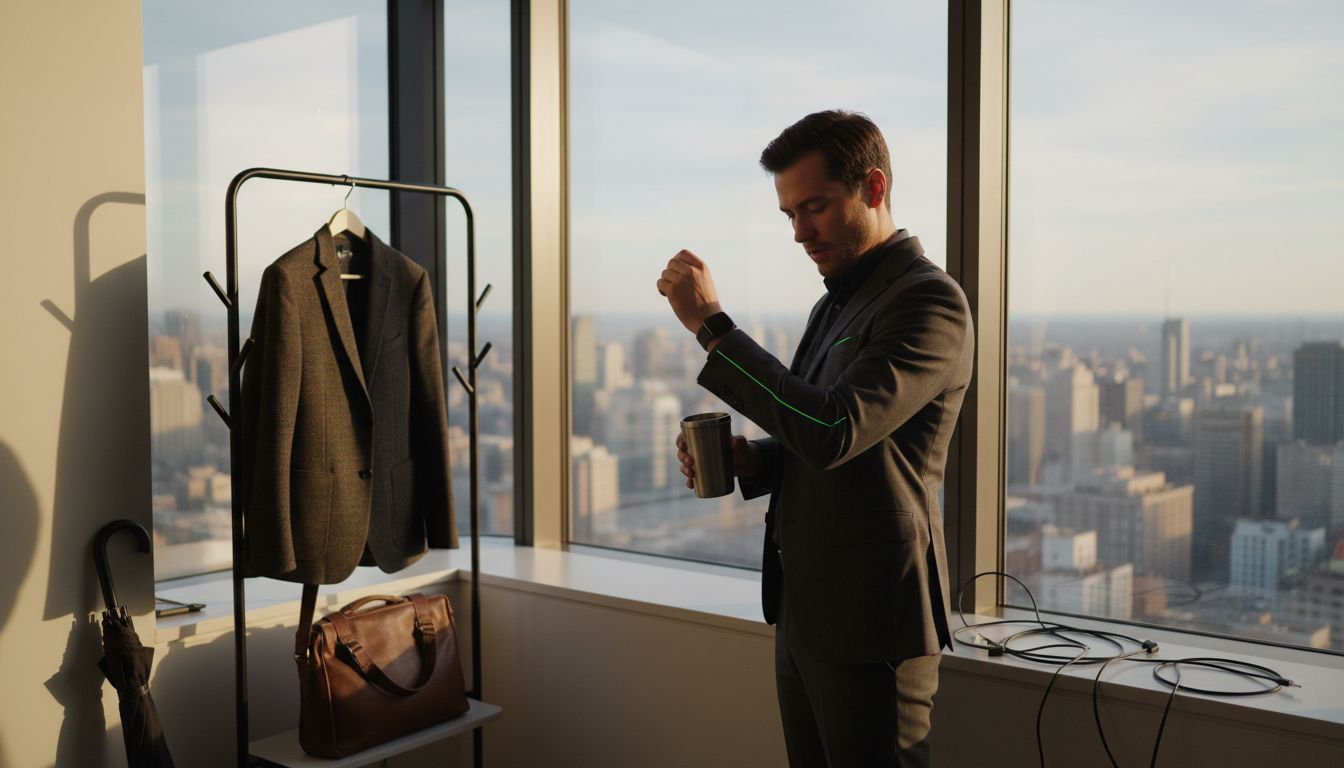 Urban professional adjusts smart-tech jacket by window