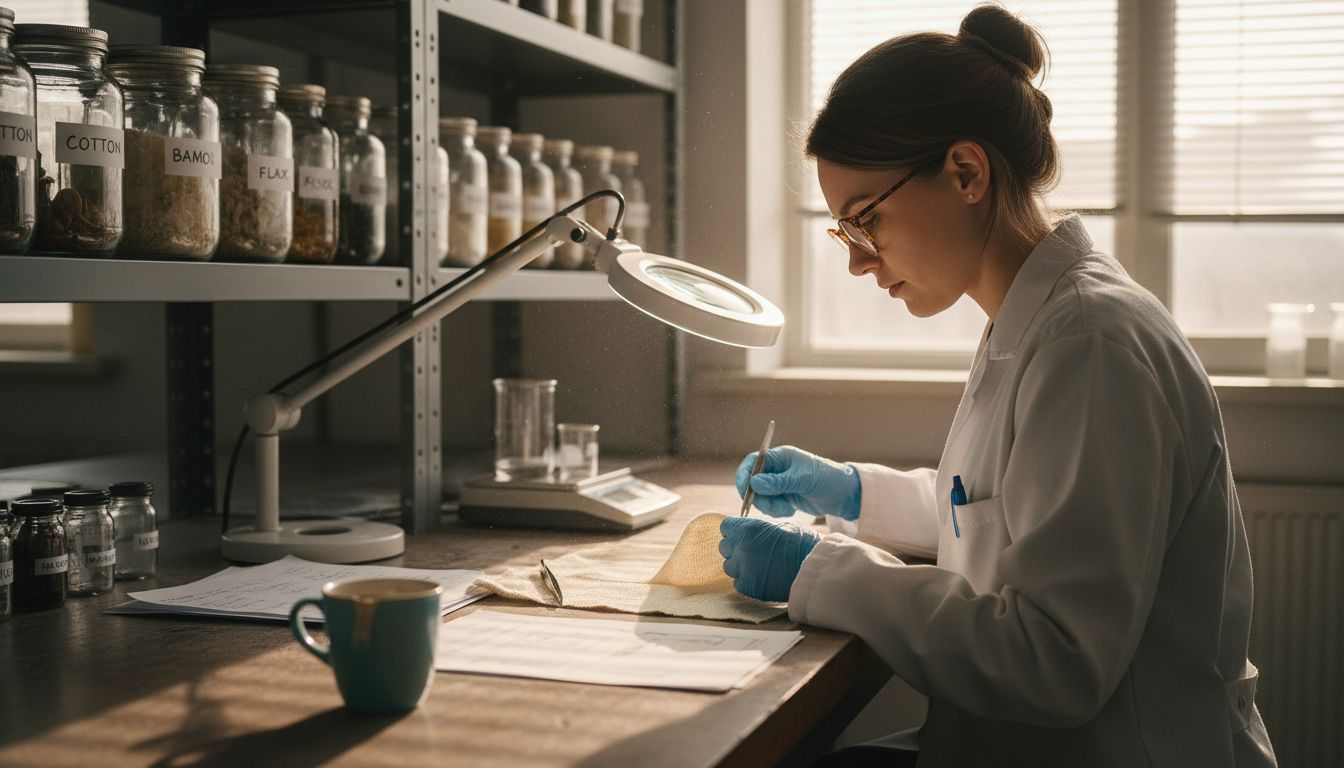 Scientist inspects plant-based textile sample in lab
