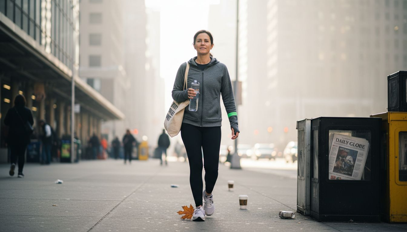Woman commuting in activewear city morning