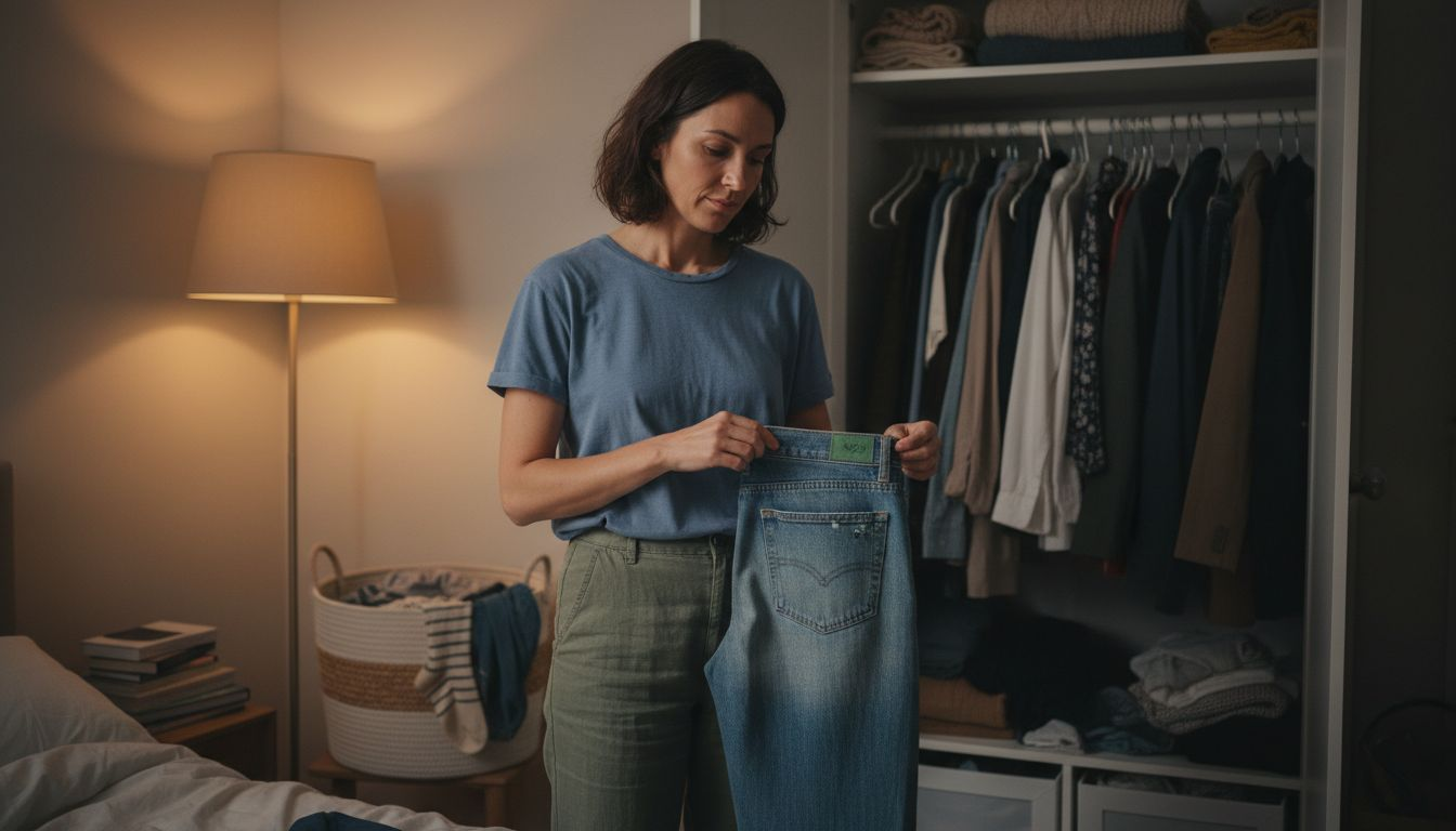 Woman inspecting clothing in urban apartment closet