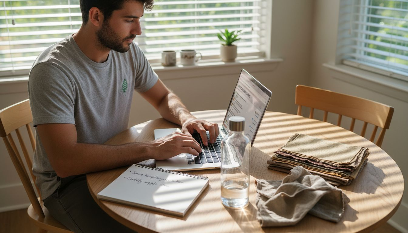 Man researching eco fabric certifications at table