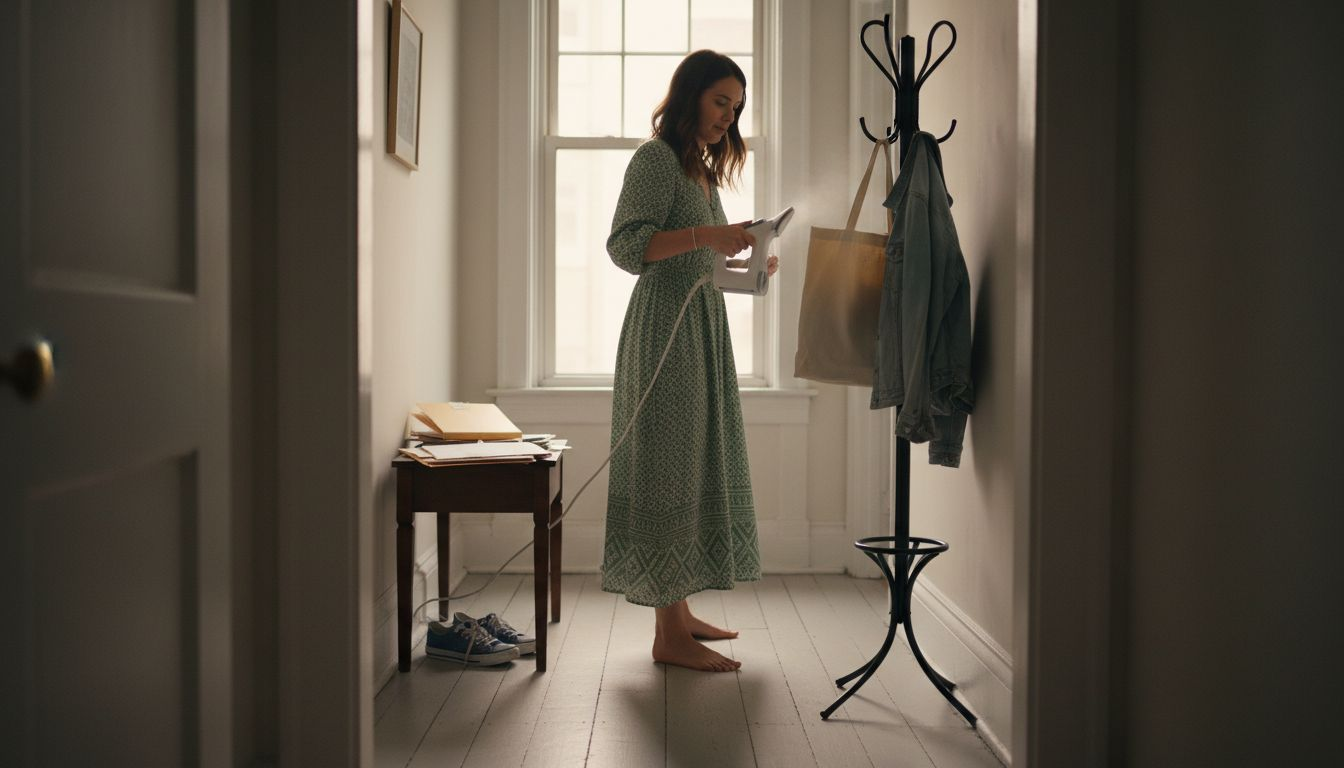 Woman steaming dress before busy day