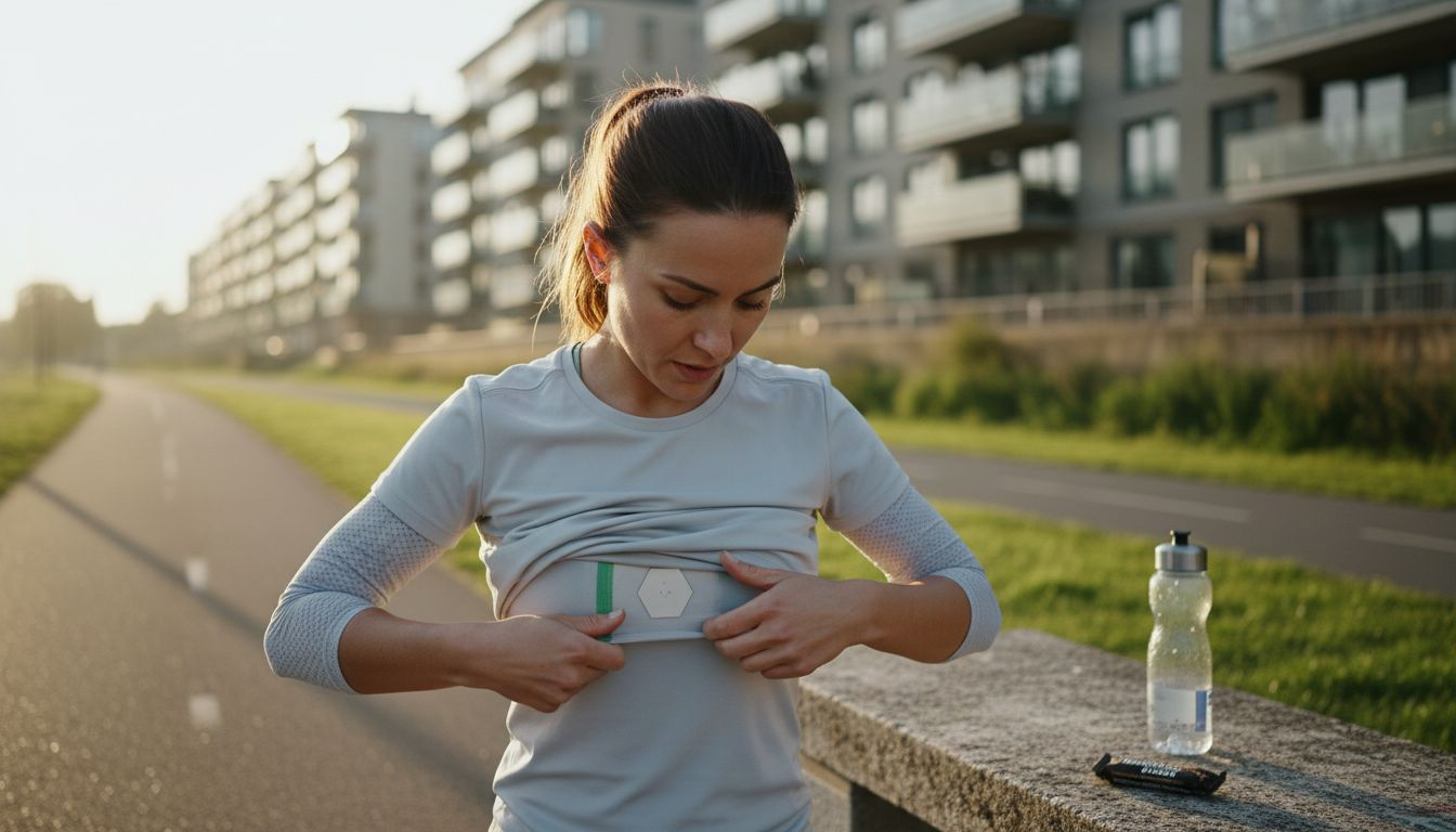Jogger checking smart textile sensor on shirt