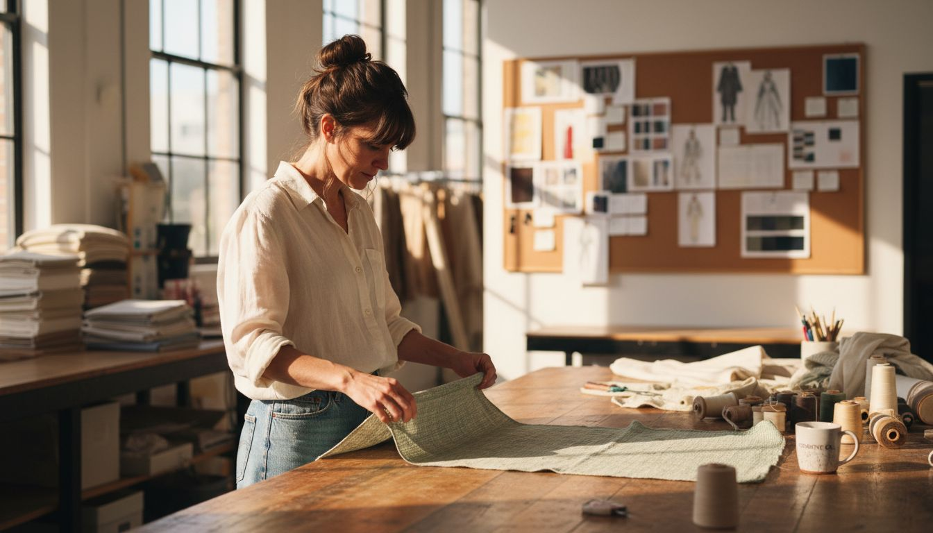 Designer examining sustainable fabrics in studio