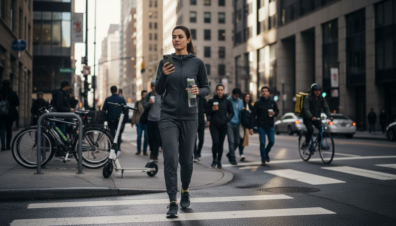 Woman in performance apparel crossing city street
