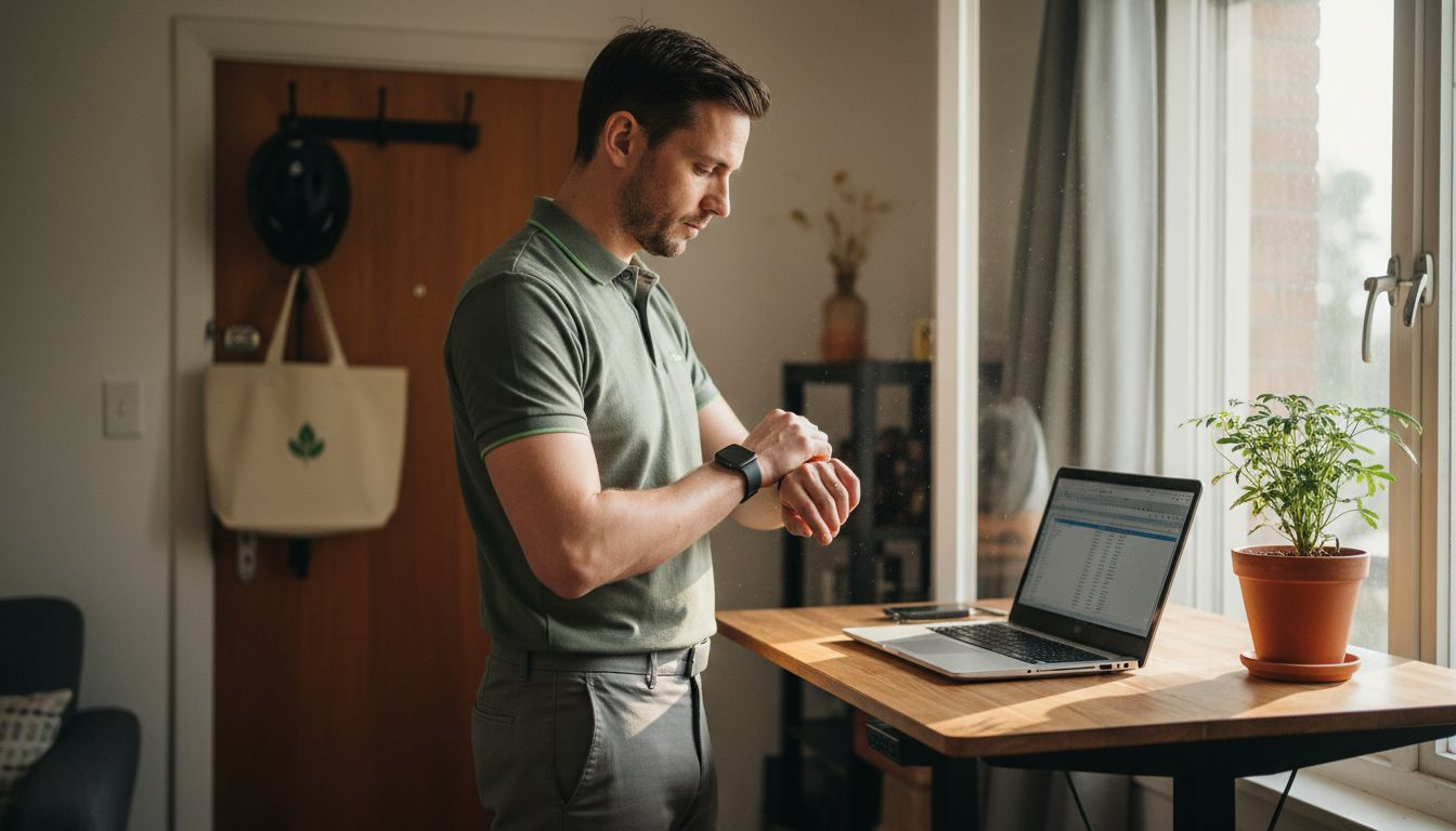 Man in performance clothing at home workspace
