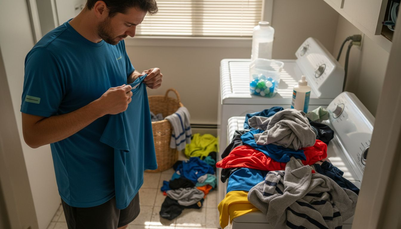 Man checking quick dry shirt care label