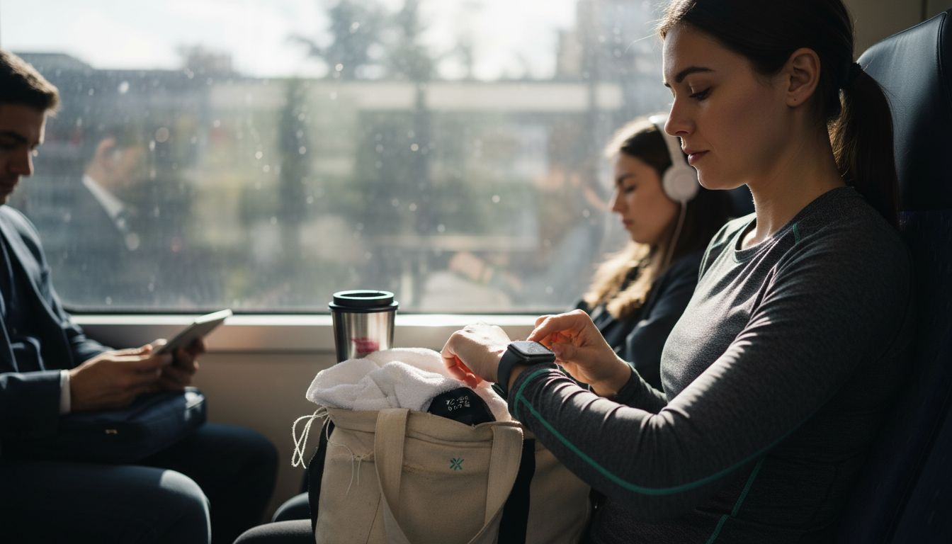 Woman wearing smart textile top commuting by train