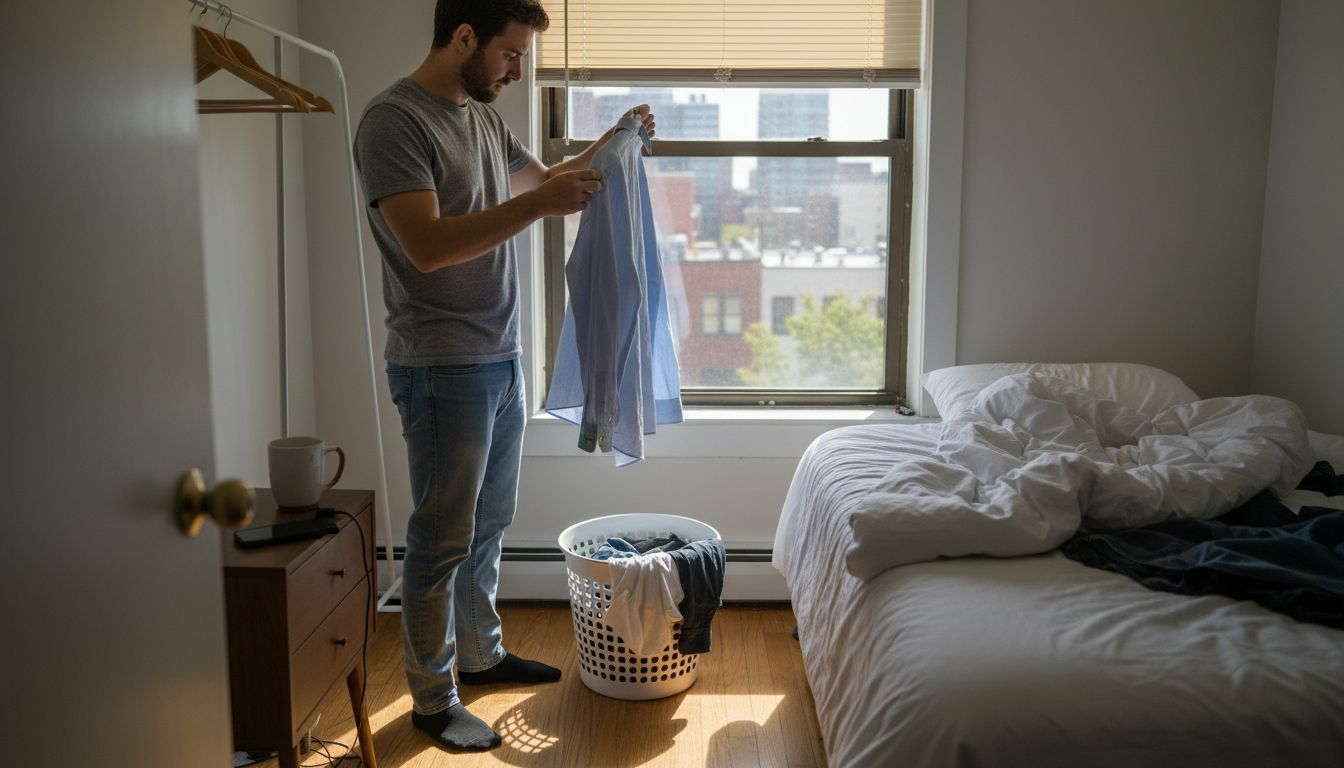 Man choosing easy-care shirt in simple bedroom