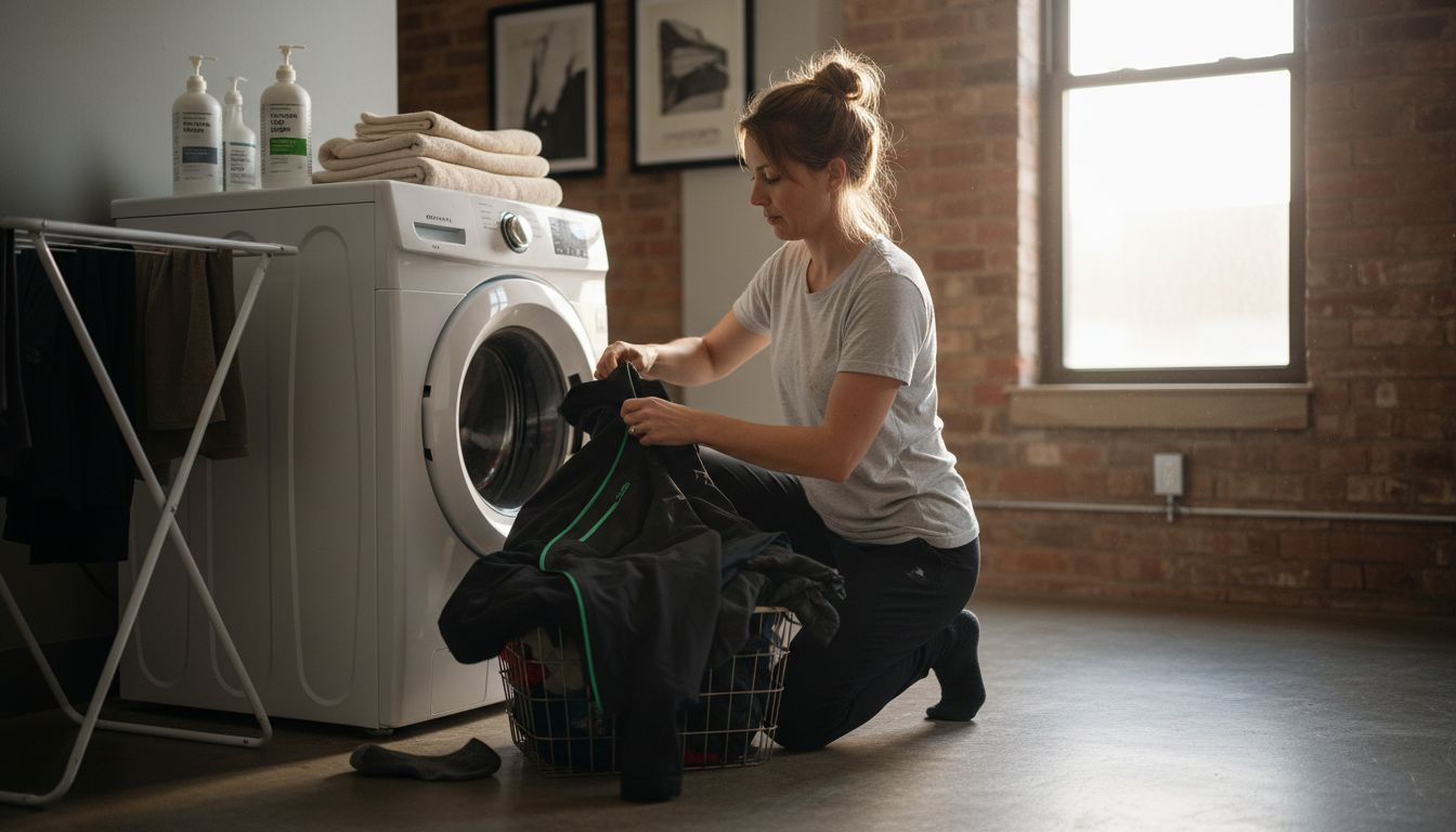 Sorting tech clothing at laundry station