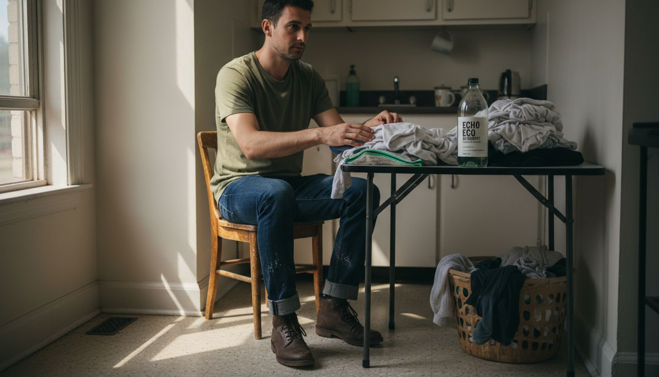 Sorting eco-friendly clothes in laundry room