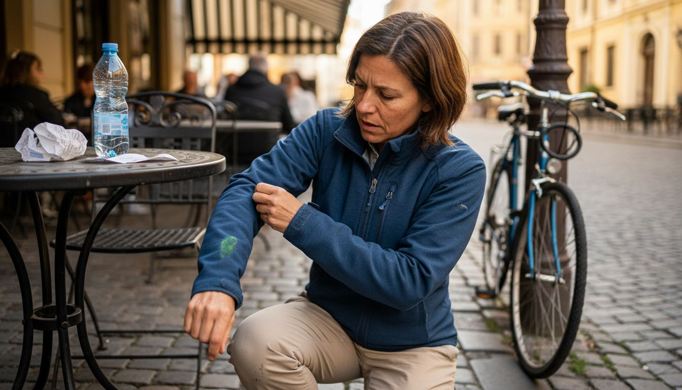 Woman inspecting travel jacket durability