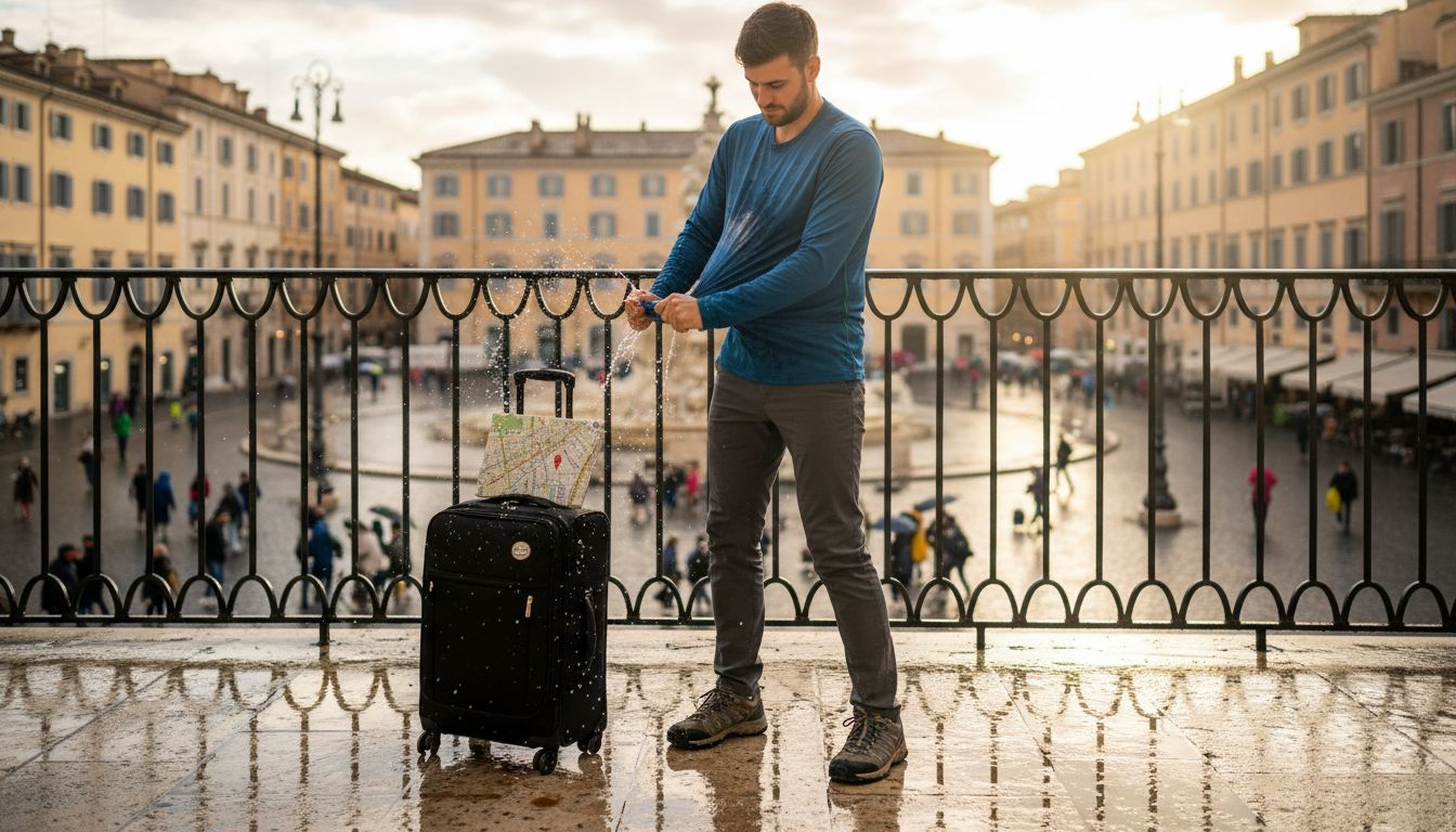 Man wringing quick-drying shirt balcony