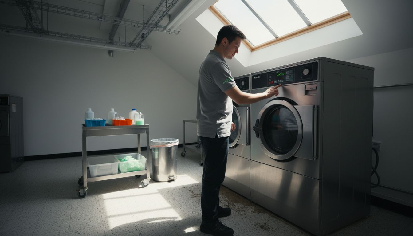 Technician using eco washing machine in lab