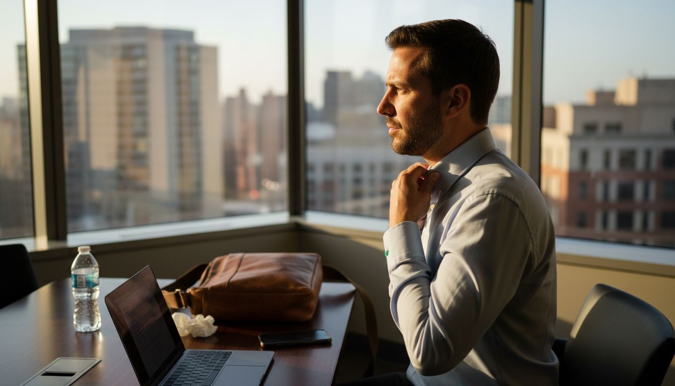 Professional man checks shirt for sweat in city office