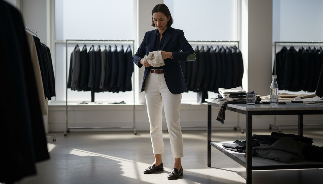 Woman styling tailored pants and blazer