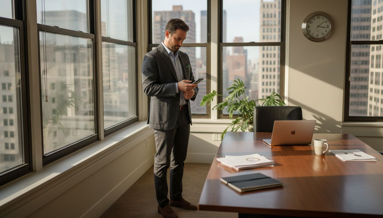 Man in smart casual attire in corner office