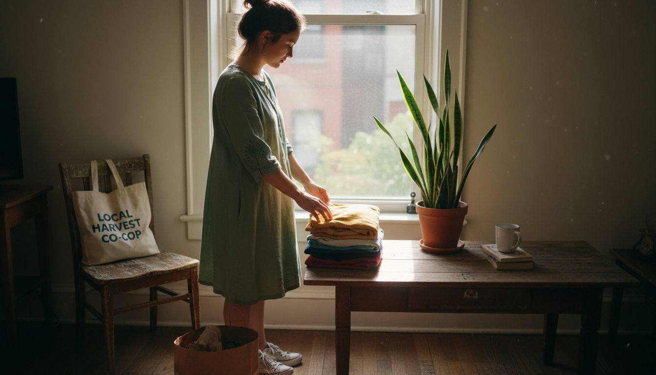 Woman folding used clothes in city apartment