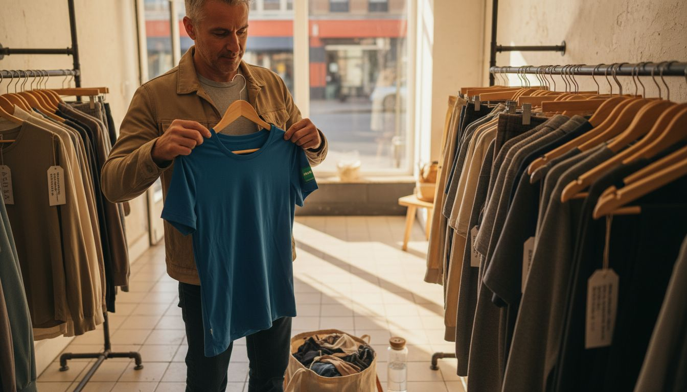 Man inspecting sustainable shirt in boutique
