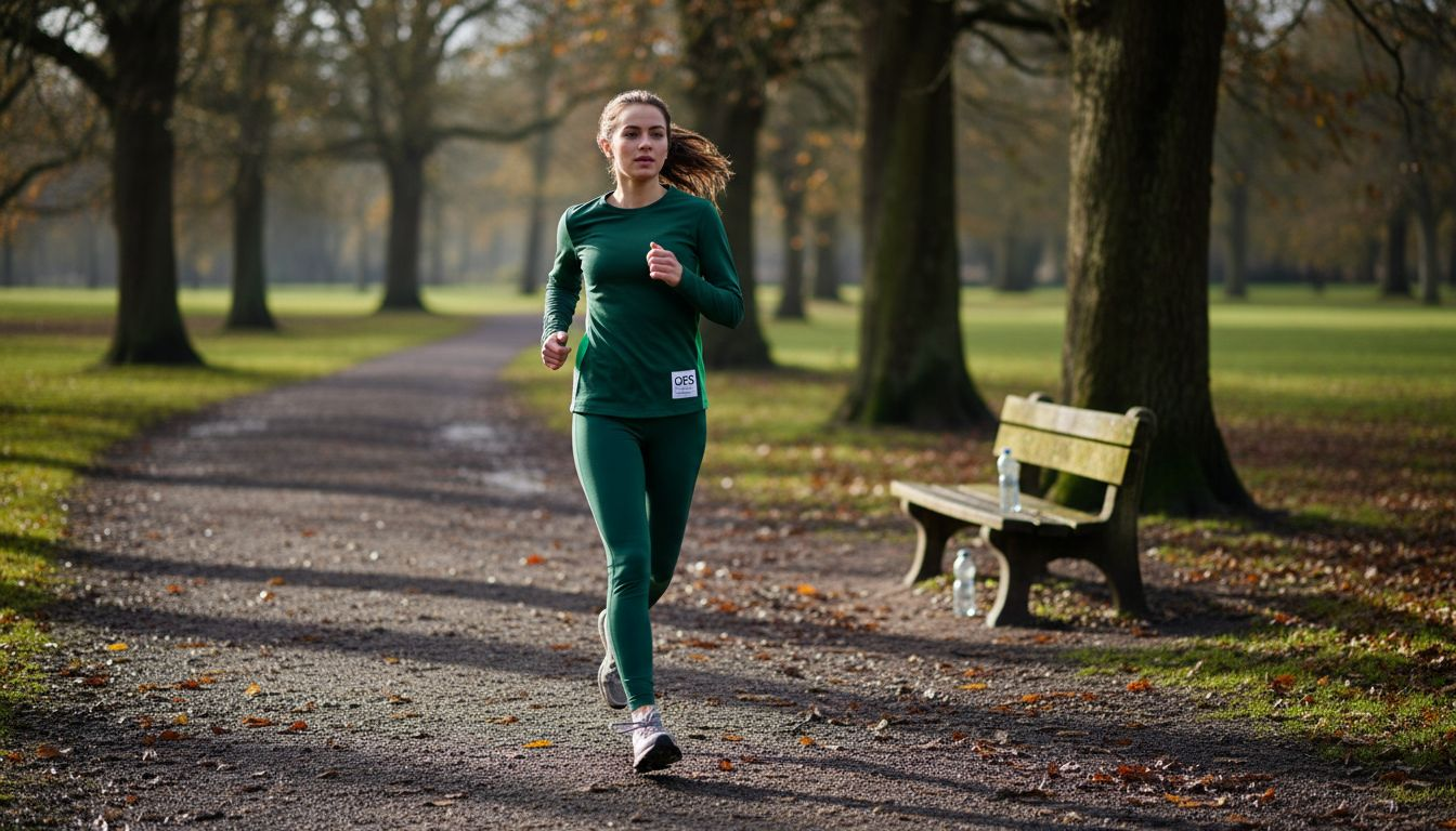 Runner wearing recycled fabric activewear outdoors