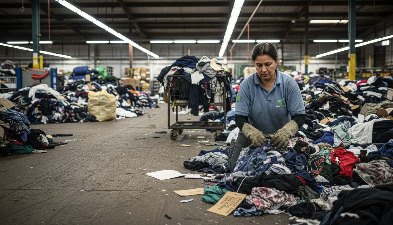 Textile worker sorting clothing in recycling warehouse