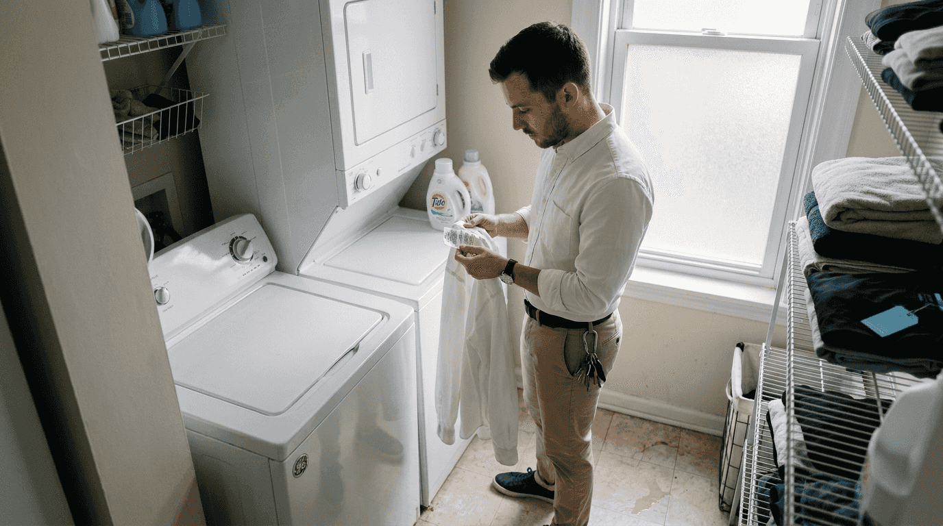 Man reading care label in laundry room
