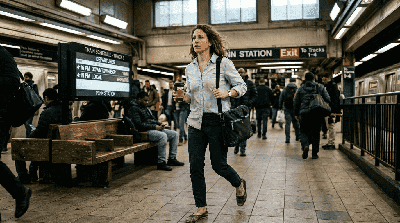 Woman in easy-care shirt commuting in metro station