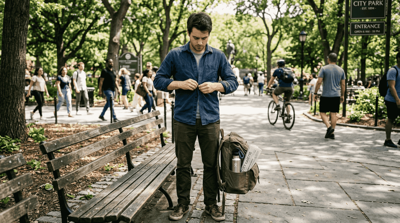 Man buttoning shirt in city park scene