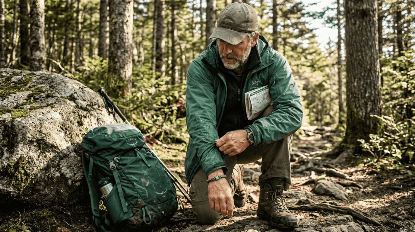 Hiker adjusting water-repellent outdoor jacket