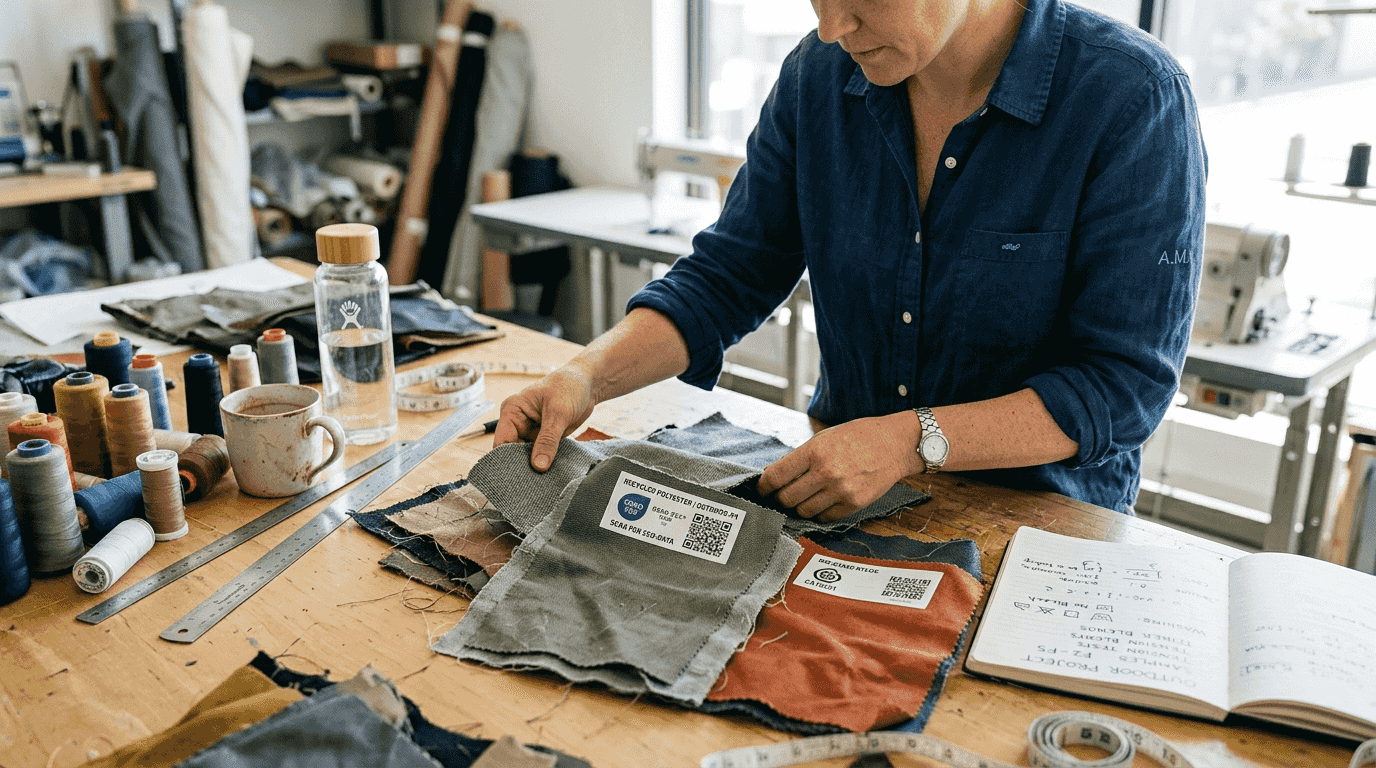 Engineer reviewing labeled fabric swatches