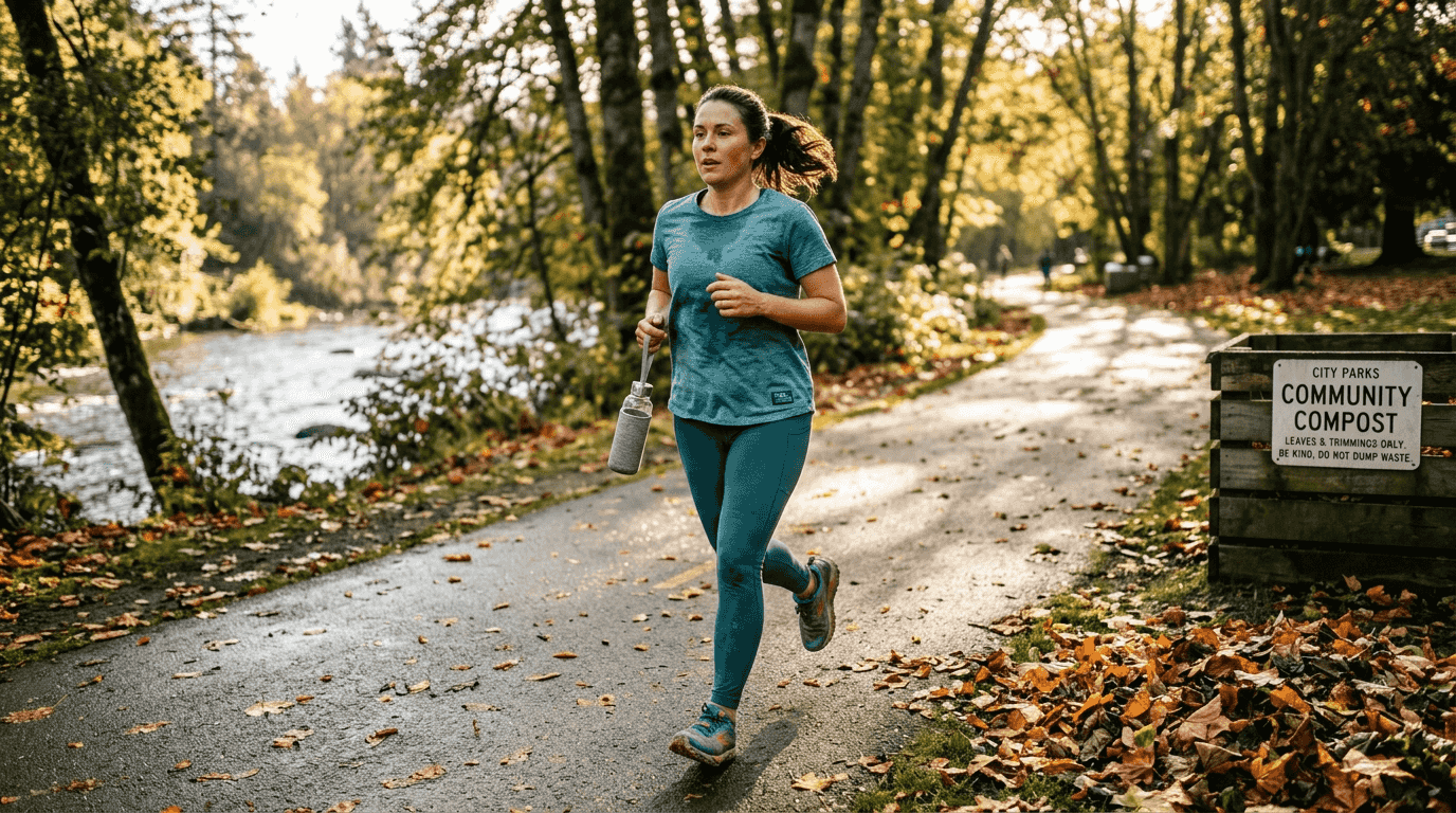 Woman running in eco-friendly athletic wear in park