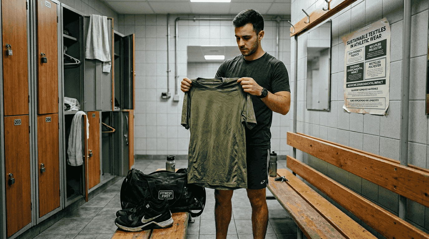 Man inspecting eco-friendly technical shirt in gym