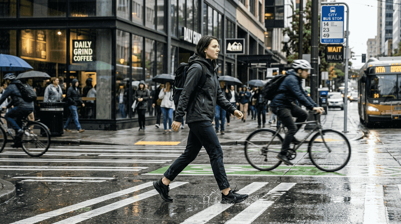 Urban commuter wearing techwear in city street