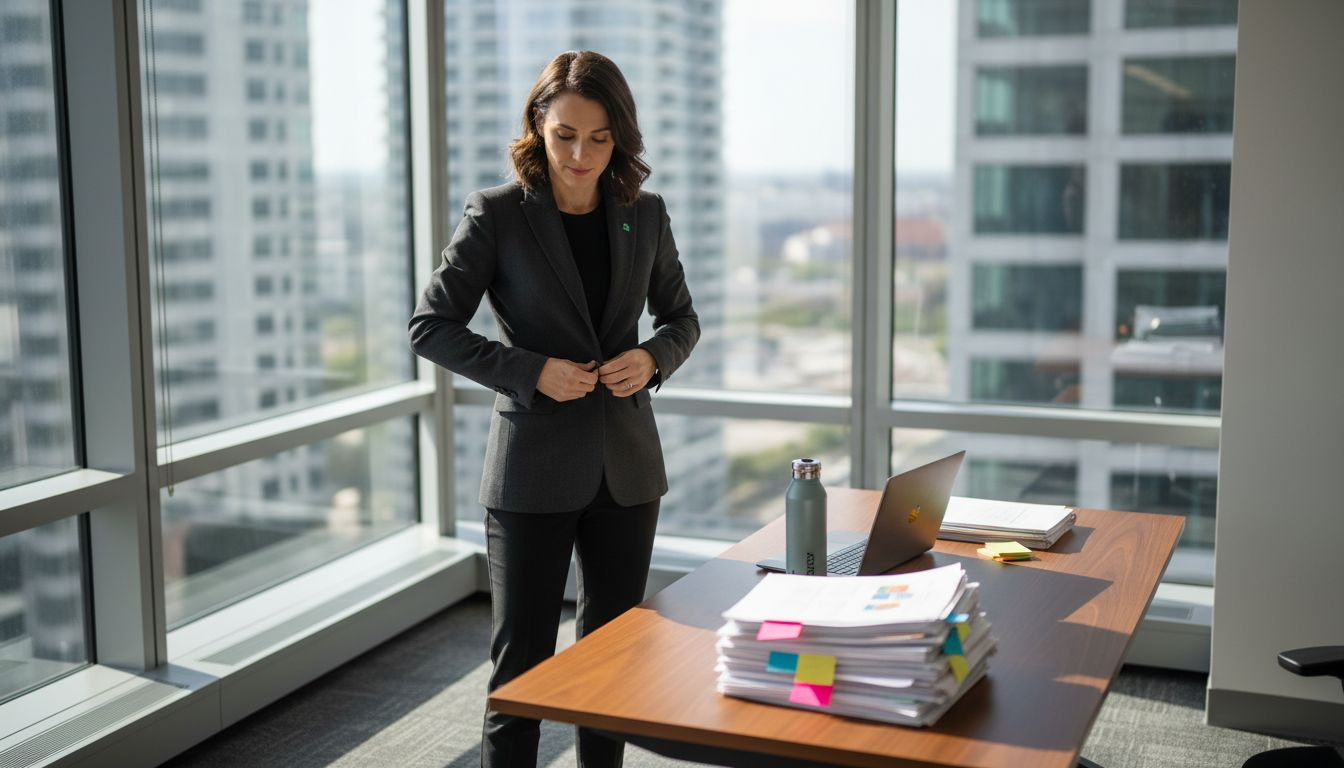 Executive adjusting high-tech blazer in office