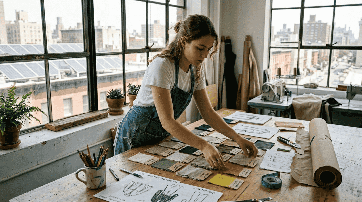 Designer selecting recycled fabrics in studio
