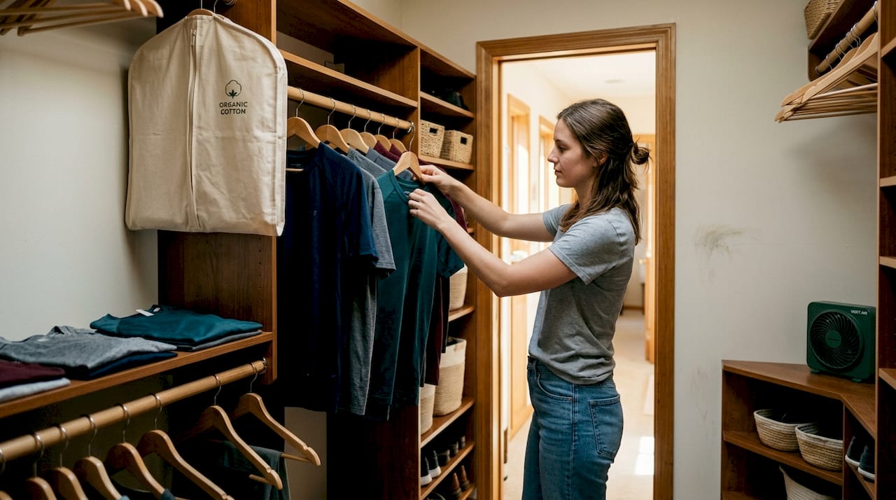 Woman storing shirts with proper spacing