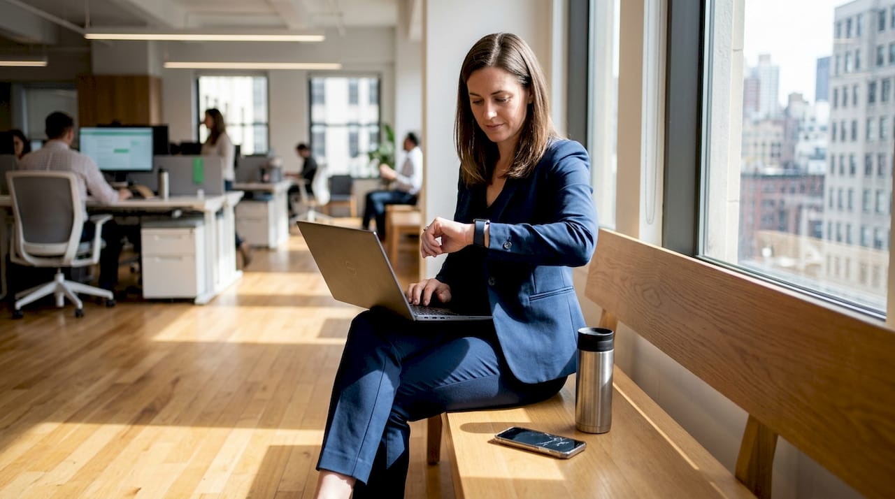 Professional wearing tech apparel in sunlit office