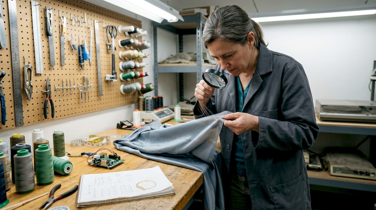 Engineer inspecting smart fabric with embedded tech