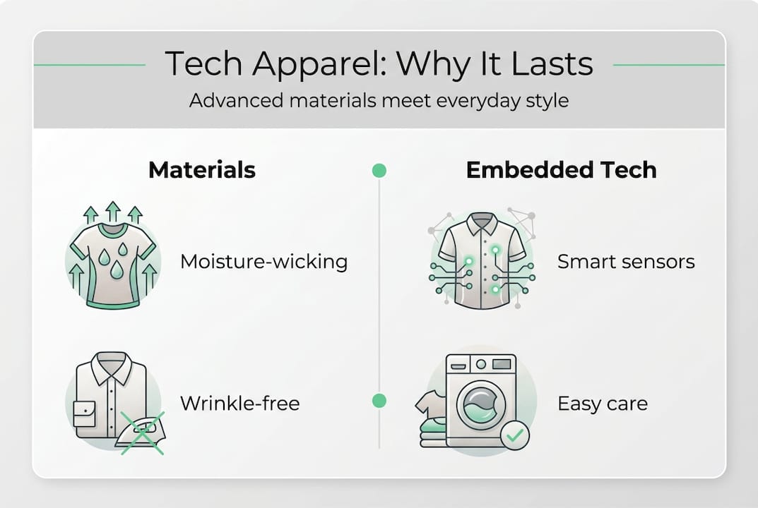 Infographic explaining tech apparel durability and style