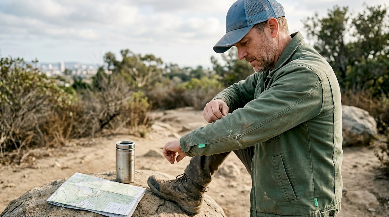 Hiker checking durable eco-friendly jacket