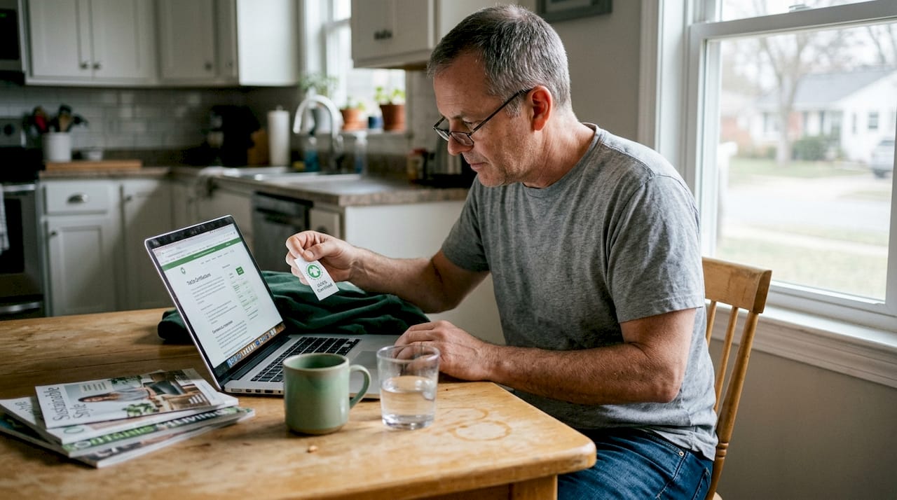 Man checking eco-clothing certification label
