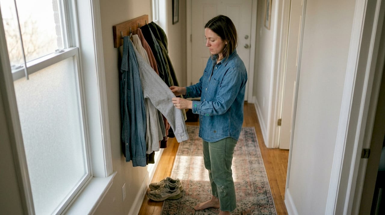 Woman choosing eco-friendly clothing in home