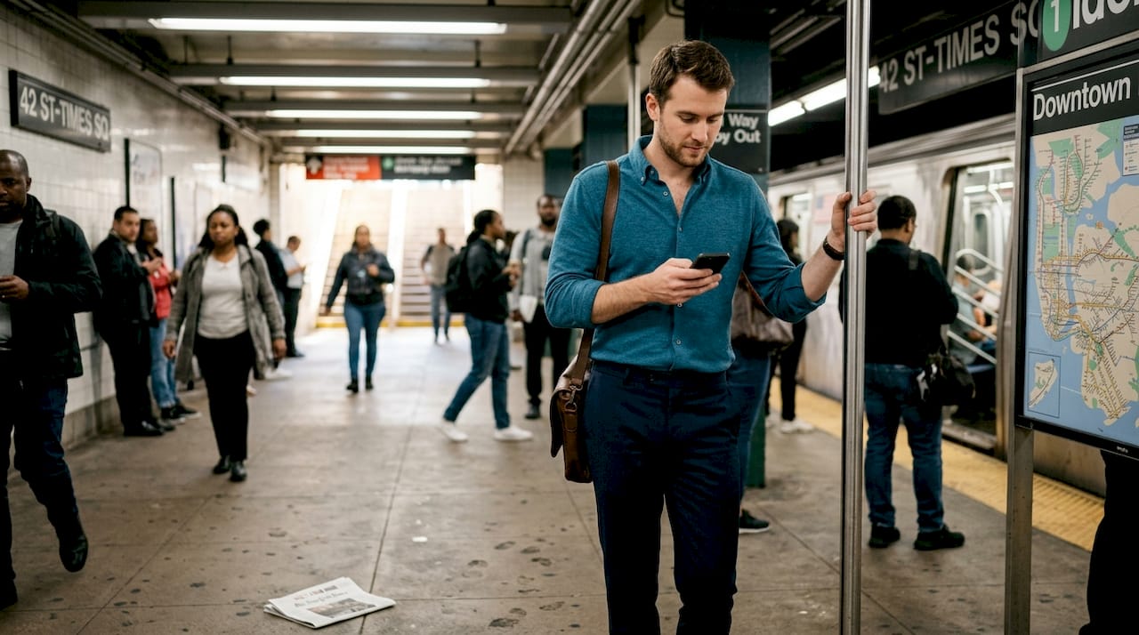 Commuter wearing stretch performance shirt