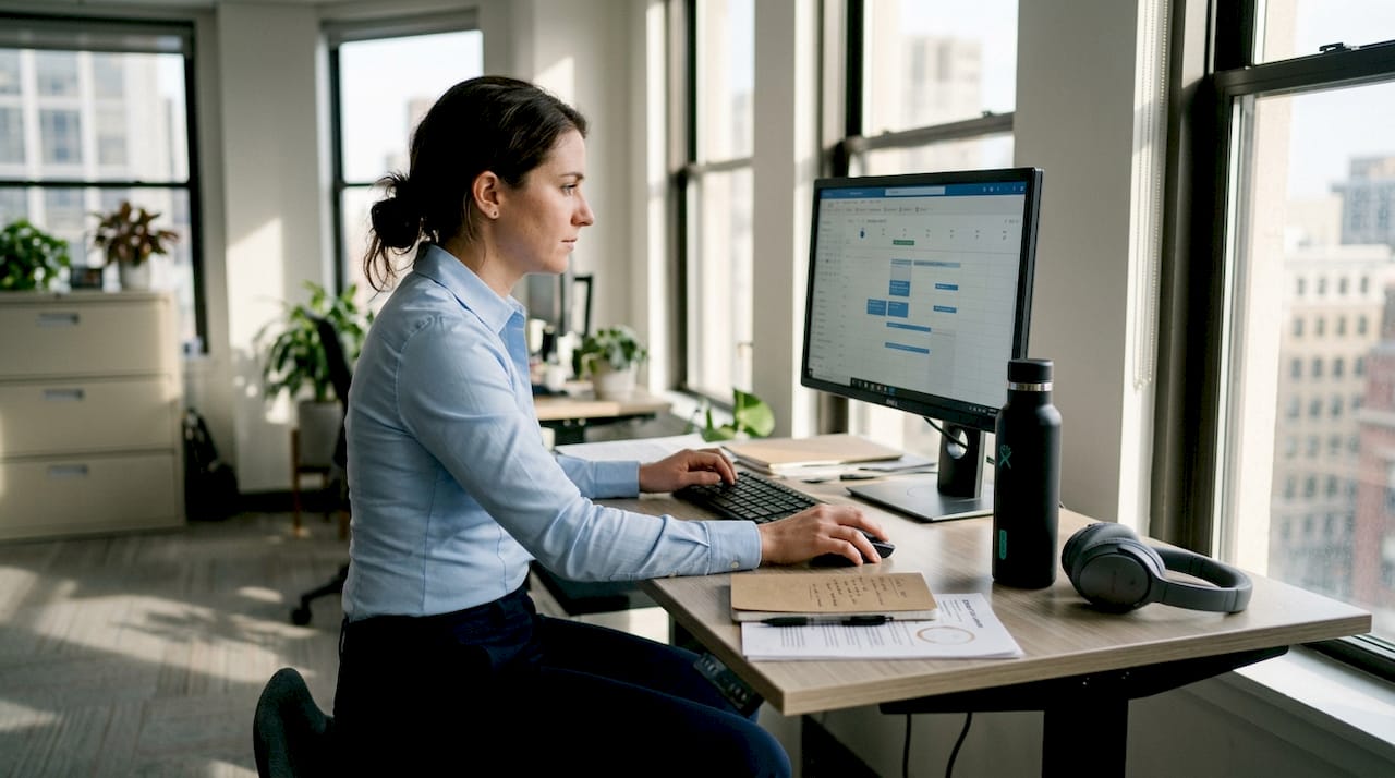 Professional woman in performancewear at office