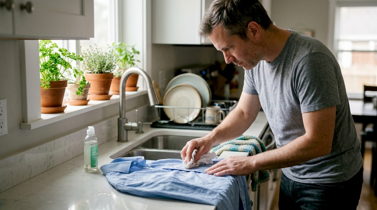 Spot cleaning shirt stain at home counter