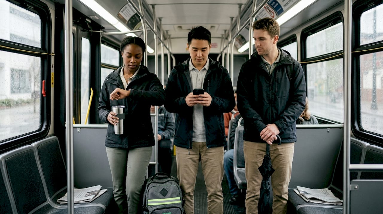 Urban commuters in functional fashion on morning bus